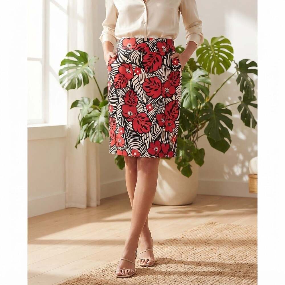 Nine West Red and Black Floral Print Pencil Skirt Size 14